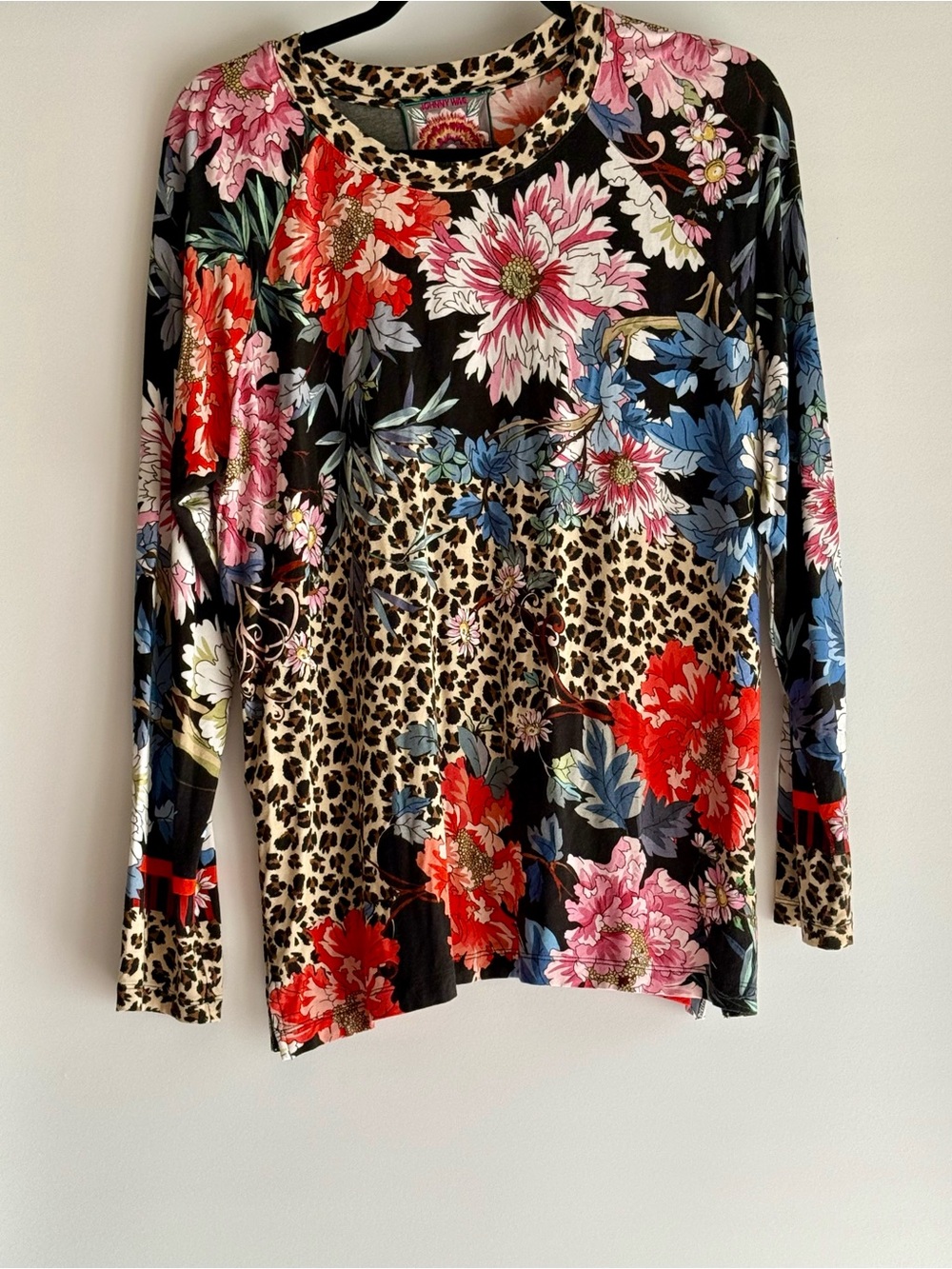 Johnny Was Floral & Leopard Print Long Sleeve Top - Black Multi Size Large